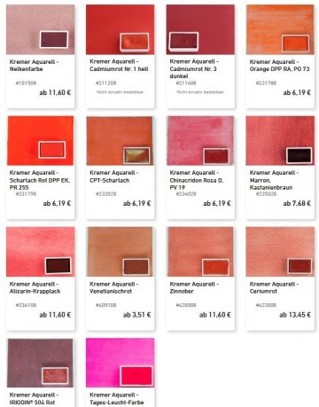 3871 kremer pigmente aquarelverf 14 hele nappen in rode tinten kleurenkaart
