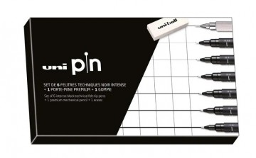 4564 uni pin fineliners zwart sketching set 6 stuks  vulpotlood en gum