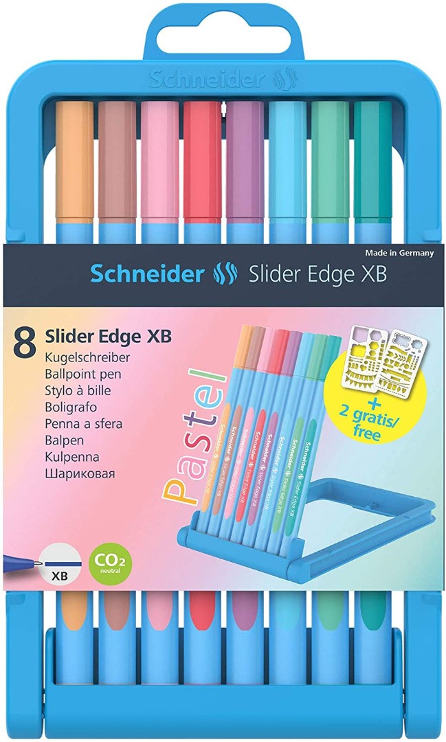 Schneider Slider Edge 8 balpennen pastel met gratis sjablonen - balpen teken- en schildermaterialen